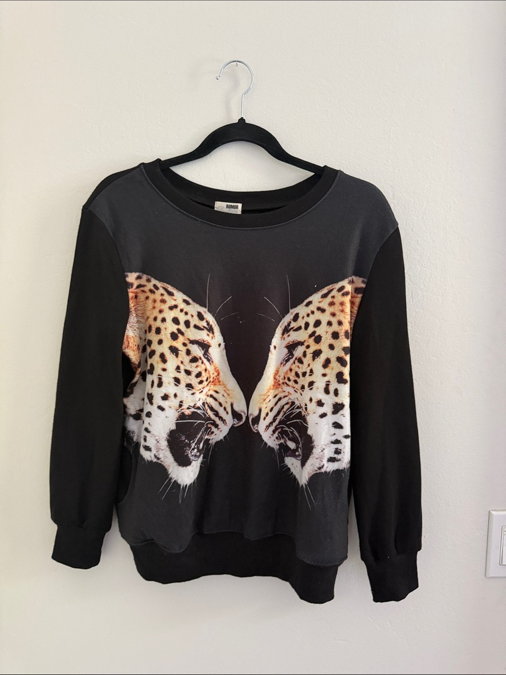 Black Crewneck Sweatshirt with Mirrored Leopard Graphic